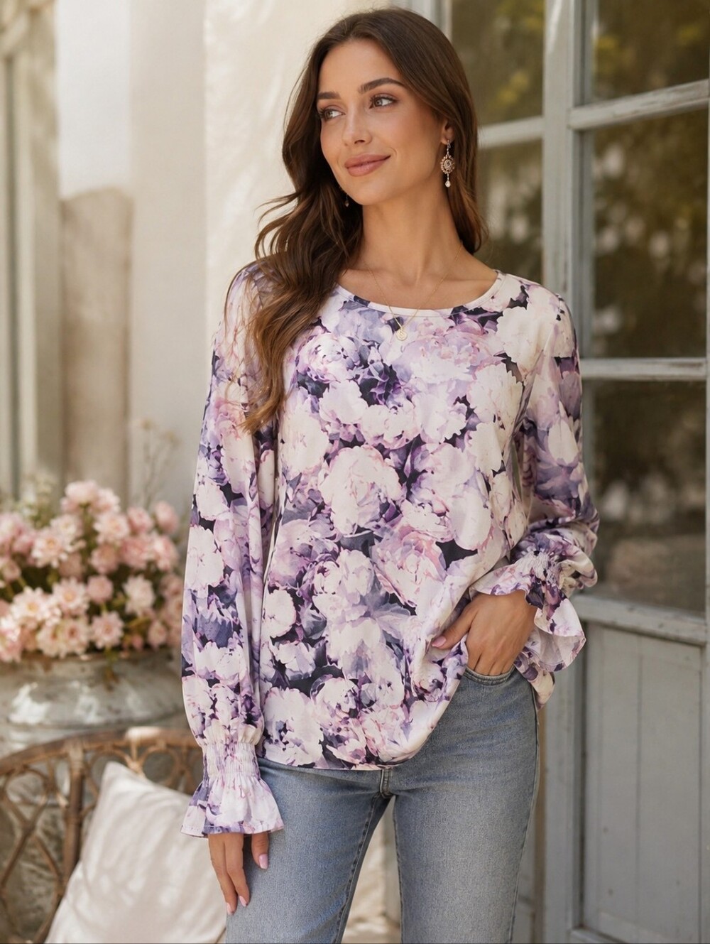 CUPIO Blouse Womens Plus Size 3X Purple Floral Ruffle Sleeve Stretch Top
